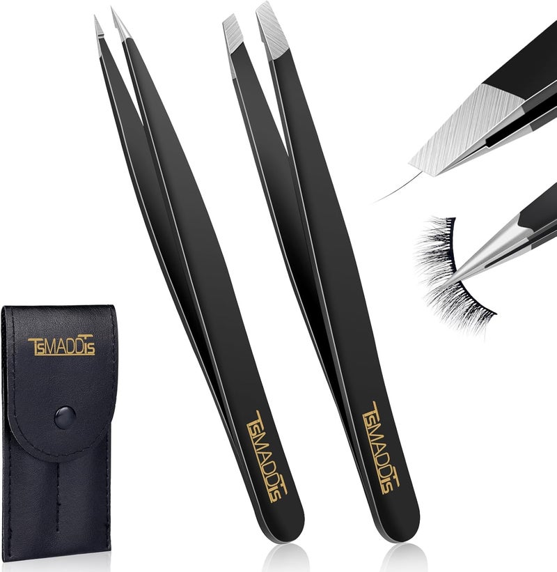 TsMADDTs Slant and Point Tip Tweezers for Women and Men, 2-Pack Professional Stainless Steel Precision Tweezers for Eyebrows, Facial Hair, Ingrown Hair Removal