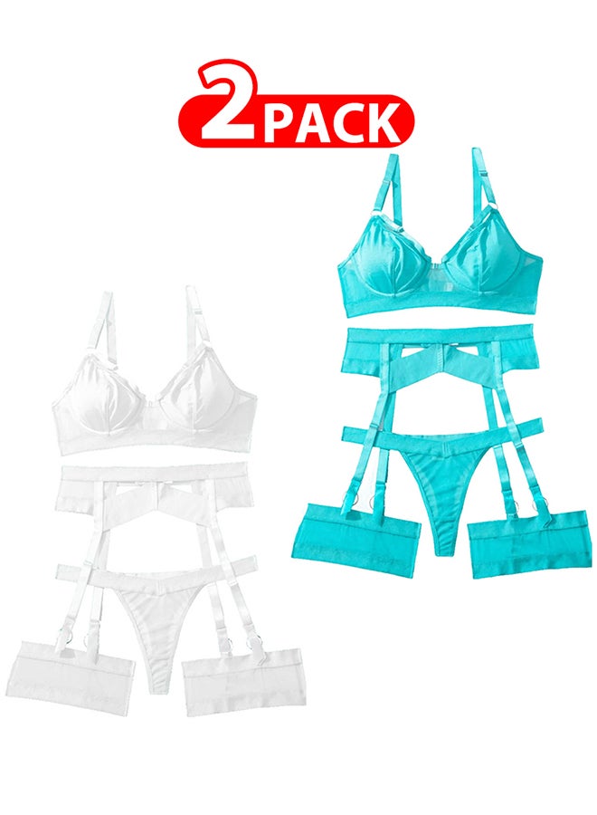 MARGOUN 2 Pack Large Size Women Sheer Mesh Garter Lingerie Set Strappy Teddy Babydoll Bra and Panty with Leg Ring 4 Piece Lingerie Set - Image 1