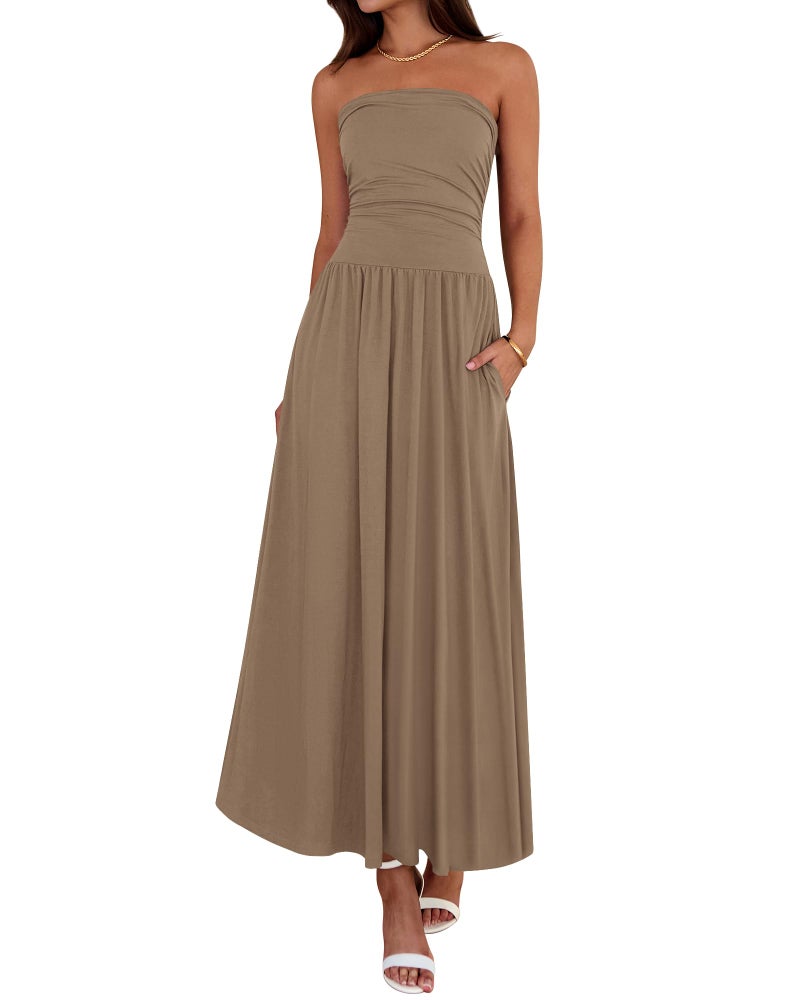 BTFBM Summer Maxi Dresses for Women 2026 Strapless Ruched Tube Top Beach Vacation Spring Wedding Guest Dress Pockets(Khaki, Small) - Image 1