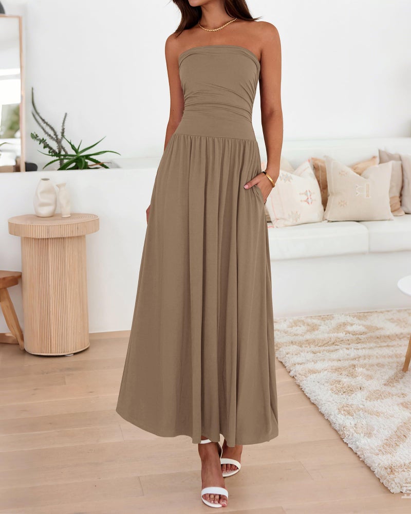 BTFBM Summer Maxi Dresses for Women 2026 Strapless Ruched Tube Top Beach Vacation Spring Wedding Guest Dress Pockets(Khaki, Small) - Image 4