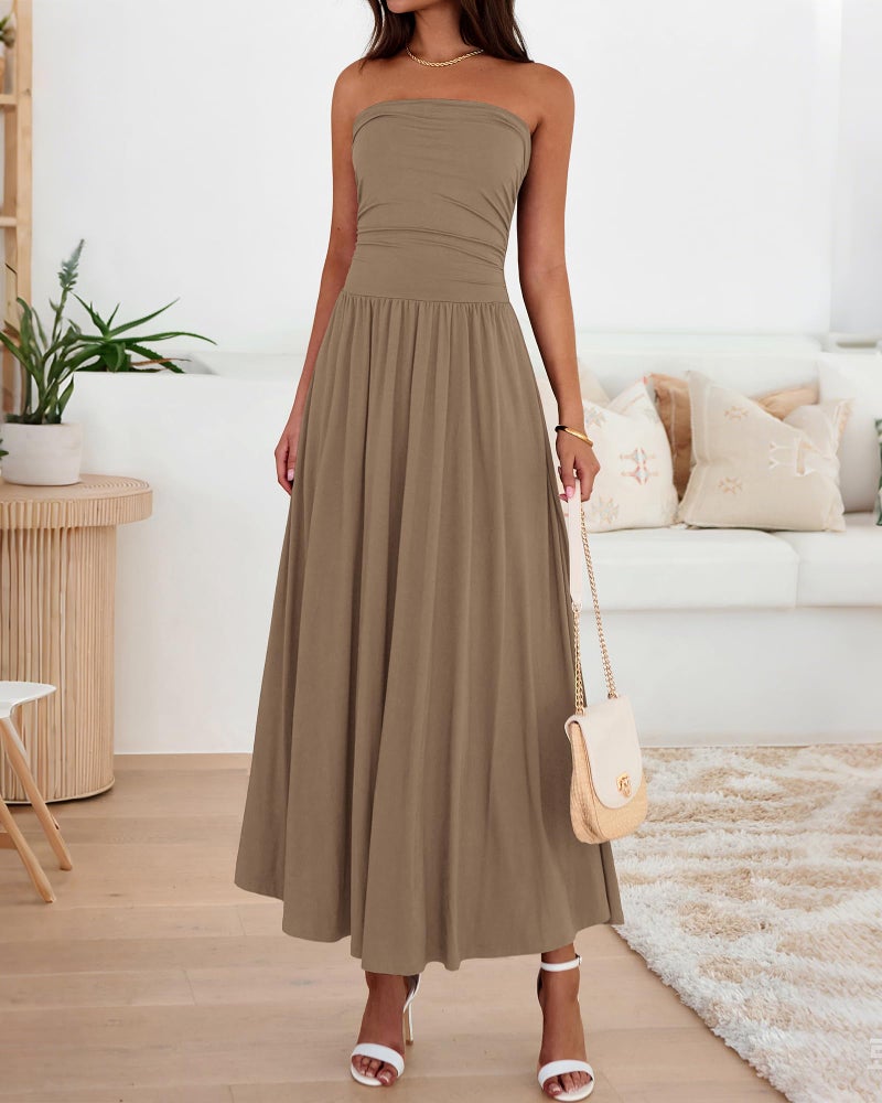 BTFBM Summer Maxi Dresses for Women 2026 Strapless Ruched Tube Top Beach Vacation Spring Wedding Guest Dress Pockets(Khaki, Small) - Image 2