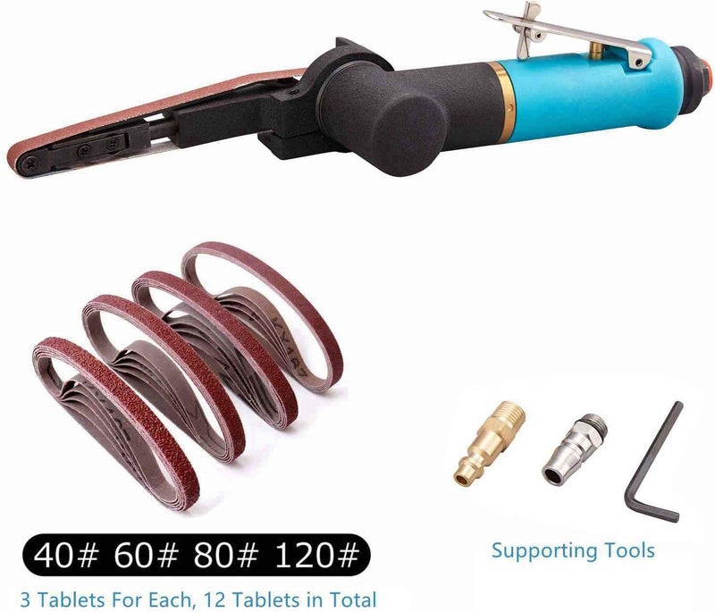 Minimprover Pneumatic Tool Air Belt Sander,1/4" Air Inlet,Air Belt Sander (3/8" x 13") with 12pc Belts (#40，#60，80#，120#),3/8" Air Belt Grinder For Aluminium, Iron, Steel And Etc. Metal Polishing - Image 2