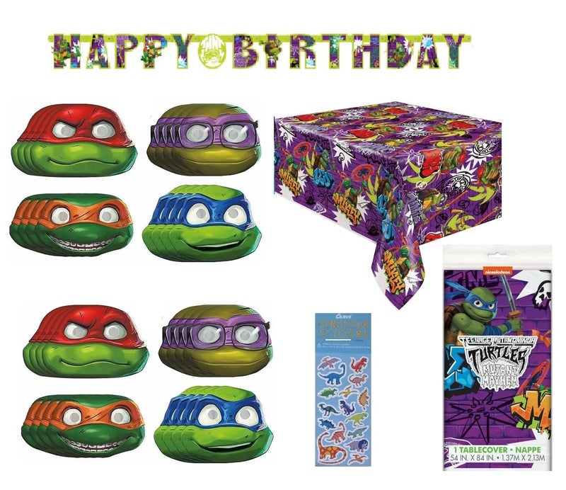 Unique Teenage Mutant Ninja Turtles TMNT Birthday Party Supplies Decoration Bundle Includes 1 Table Cover, Happy Birthday Banner Decoration, 8 Paper Masks, 1 Dinosaur Sticker Sheet