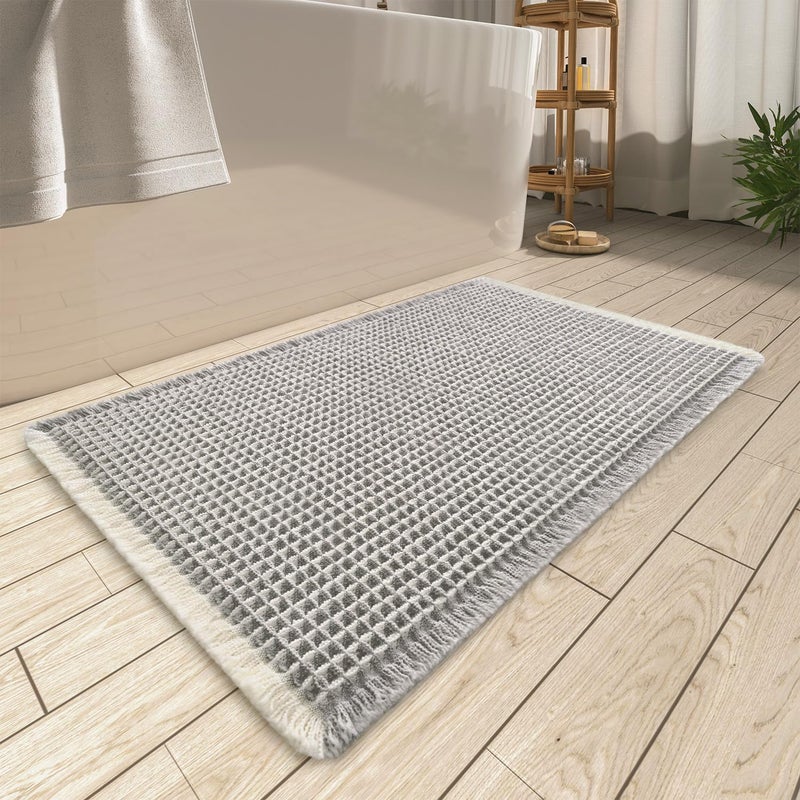 AMOAMI Upgraded Waffle Bath Mat, Super Absorbent Non Slip Bath Mats for Bathroom Floor, Machine Washable Bathroom Rugs with Tassels, Rubber Backed Bathroom Mats, Ultra Soft, 17" x 24",LightGrey & Cream - Image 1