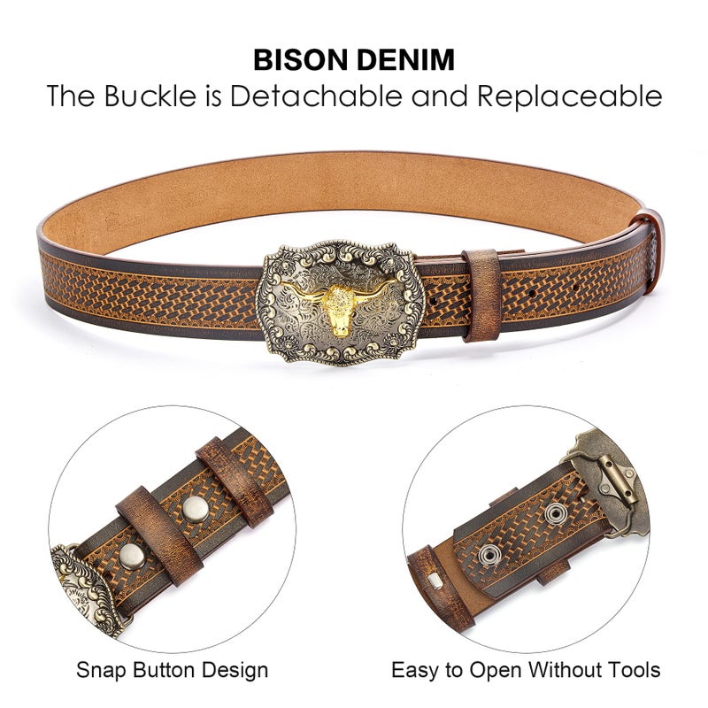 BISON DENIM Men's Western Double Embossed Leather Belts with Golden Cowboy Longhorn Bull Pattern Floral Engraved Buckle Belt - Image 5