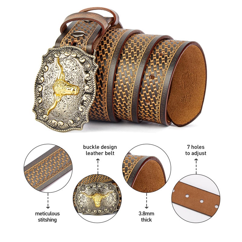 BISON DENIM Men's Western Double Embossed Leather Belts with Golden Cowboy Longhorn Bull Pattern Floral Engraved Buckle Belt - Image 3