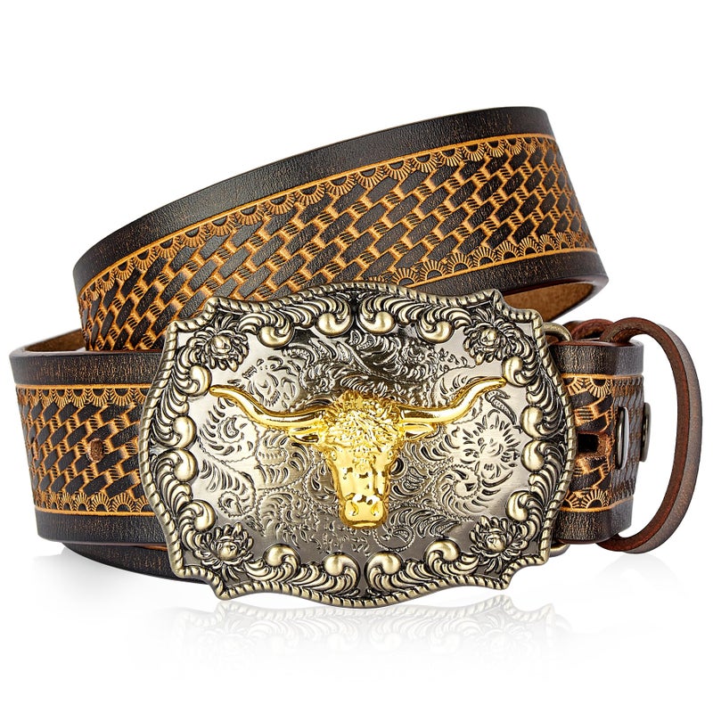 BISON DENIM Men's Western Double Embossed Leather Belts with Golden Cowboy Longhorn Bull Pattern Floral Engraved Buckle Belt - Image 1