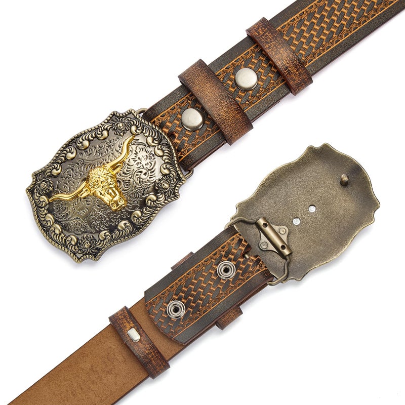 BISON DENIM Men's Western Double Embossed Leather Belts with Golden Cowboy Longhorn Bull Pattern Floral Engraved Buckle Belt - Image 4