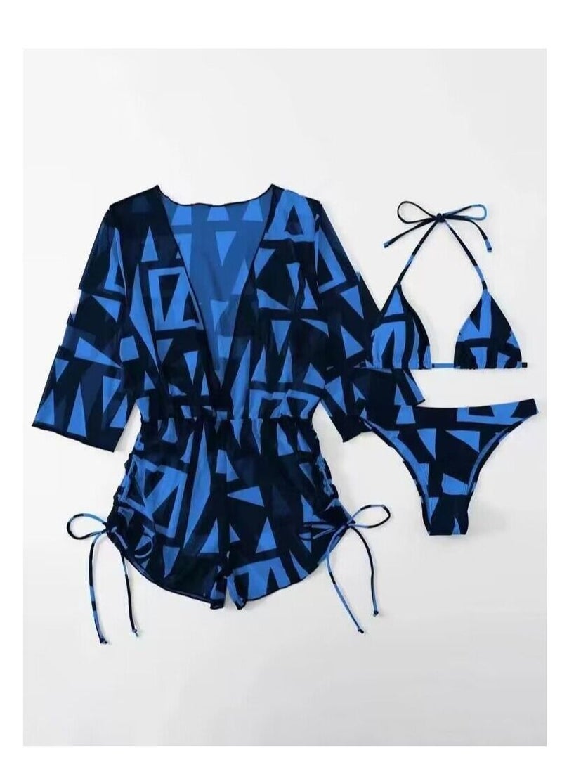 Loquat 3 Piece Swimsuit Print Halter Strappy Swimsuit Bikini Blue - Image 1