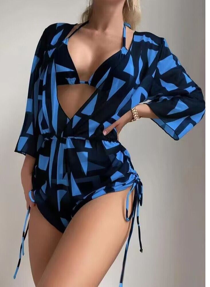 Loquat 3 Piece Swimsuit Print Halter Strappy Swimsuit Bikini Blue - Image 3