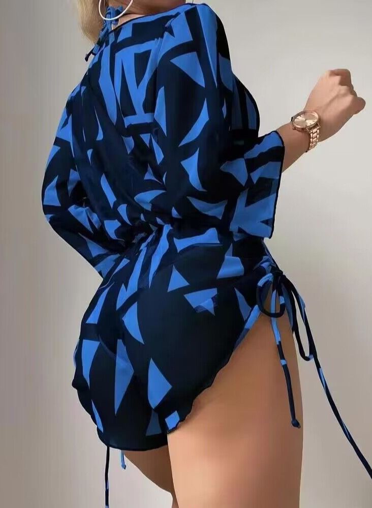 Loquat 3 Piece Swimsuit Print Halter Strappy Swimsuit Bikini Blue - Image 4