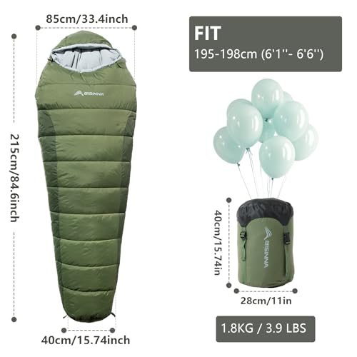 BISINNA Mummy Sleeping Bag for Adults 1441 Cold Weather 34 Season Camping Sleeping Bags with Compression Sack for Backpacking Hiking Traveling Green - Image 3