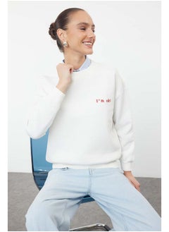 Ecru Thick Fleece Inside Regular/Normal Fit Motto Embroidered Knitted Sweatshirt TWOAW21SW1061