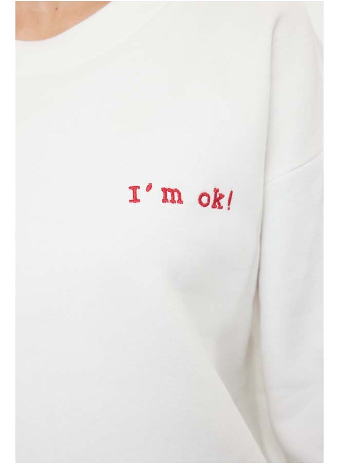 trendyol - Ecru Thick Fleece Inside Regular/Normal Fit Motto Embroidered Knitted Sweatshirt TWOAW21SW1061 - Image 1