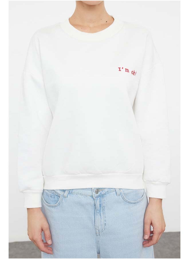 trendyol - Ecru Thick Fleece Inside Regular/Normal Fit Motto Embroidered Knitted Sweatshirt TWOAW21SW1061 - Image 1