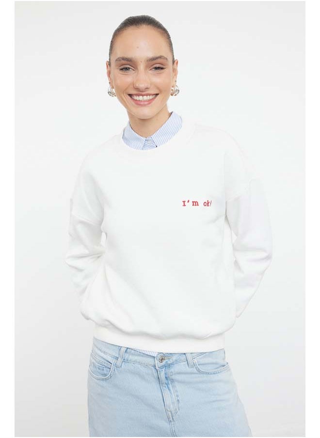 trendyol - Ecru Thick Fleece Inside Regular/Normal Fit Motto Embroidered Knitted Sweatshirt TWOAW21SW1061 - Image 1