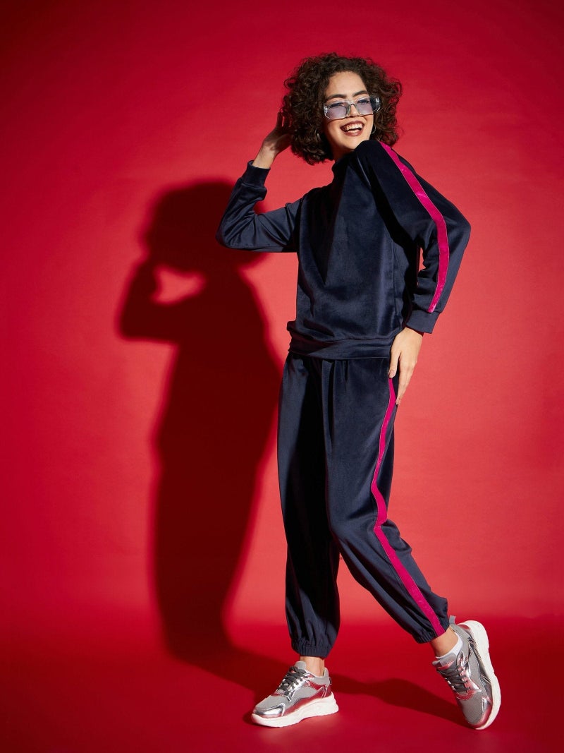 PRASHA Women Navy Velour Tape Detail Sweatshirt With Joggers - Image 3
