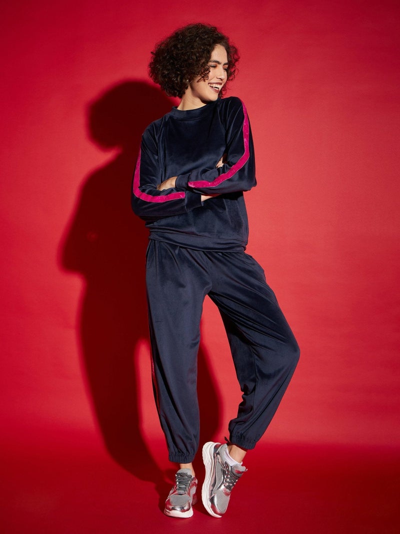 PRASHA Women Navy Velour Tape Detail Sweatshirt With Joggers - Image 1