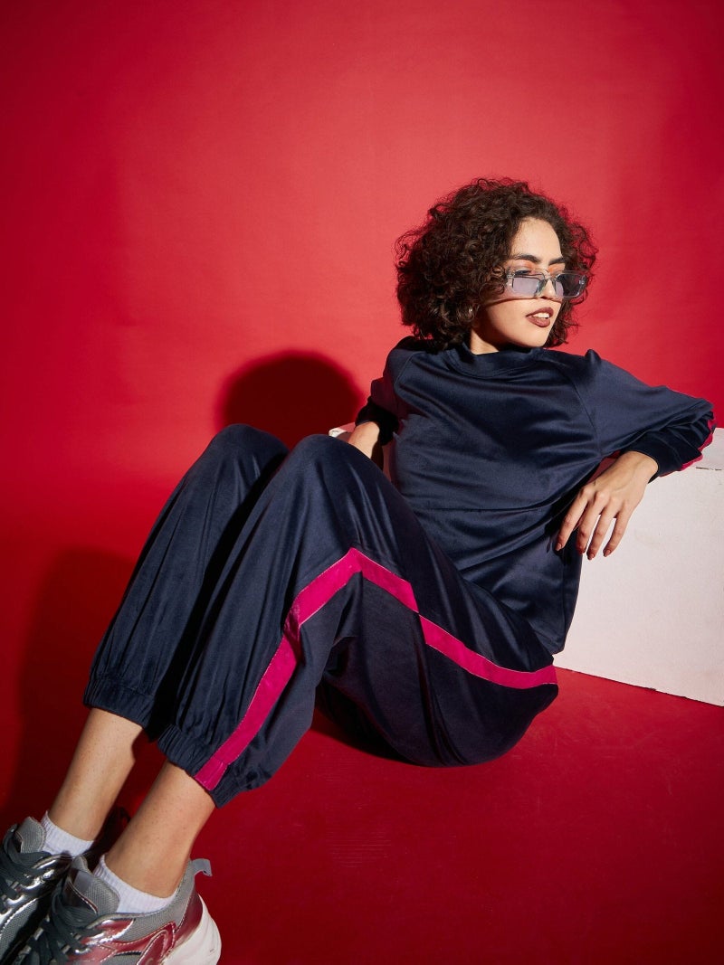 PRASHA Women Navy Velour Tape Detail Sweatshirt With Joggers - Image 2
