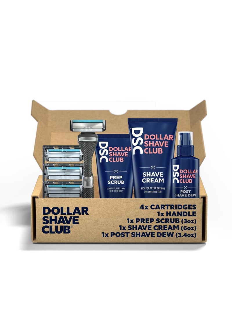 DOLLAR SHAVE CLUB Dollar Shave Club  Ultimate Shave Set  4 Swift Rinse Refill Cartridges 1 Handle 1 Prep Scrub 3 ounce 1 Shave Cream 6 ounce 1 Post Shave Dew 34 ounce 