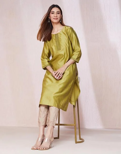 Fabindia Green Cotton Silk Embroidered Long Kurta
