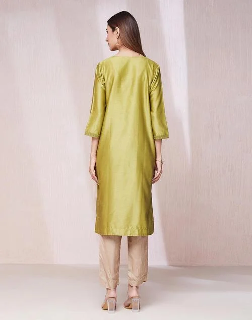 Fabindia Green Cotton Silk Embroidered Long Kurta