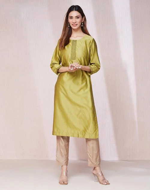 Fabindia Green Cotton Silk Embroidered Long Kurta