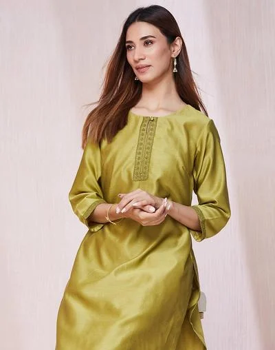 Fabindia Green Cotton Silk Embroidered Long Kurta