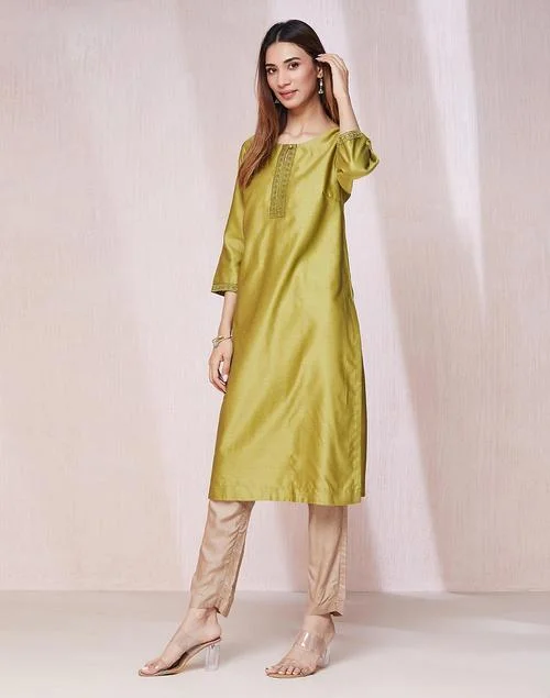 Fabindia Green Cotton Silk Embroidered Long Kurta