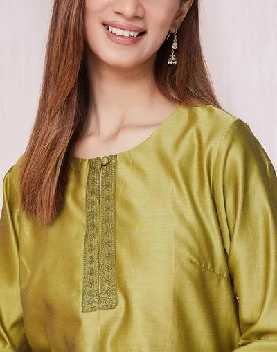 Fabindia Green Cotton Silk Embroidered Long Kurta