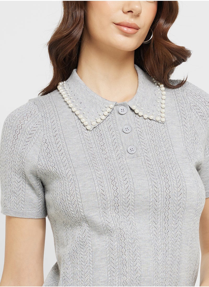 ONLY Pearl Collar Detail Polo Top  - Image 3