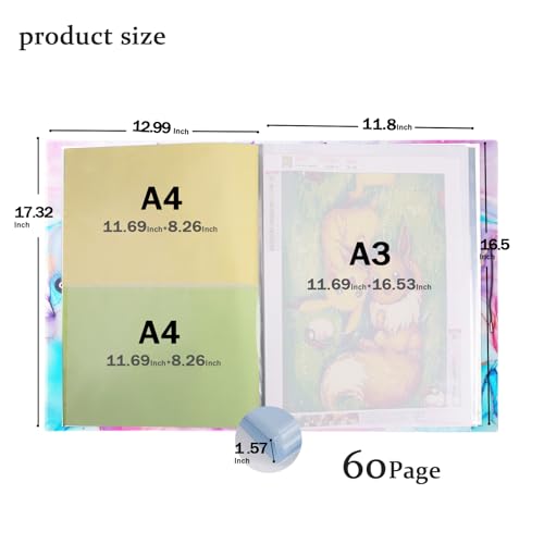 Qunrwe A3 Art Portfolios Case 60 Pages,Marble Blue Diamond Painting Storage Book,11.8 x 16.5 inch Pocket Protector with Index Stickers,Clear Presentation Portfolio Folder for Artwork,Report,Photo - Image 2