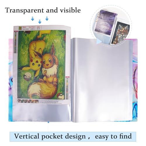 Qunrwe A3 Art Portfolios Case 60 Pages,Marble Blue Diamond Painting Storage Book,11.8 x 16.5 inch Pocket Protector with Index Stickers,Clear Presentation Portfolio Folder for Artwork,Report,Photo - Image 4