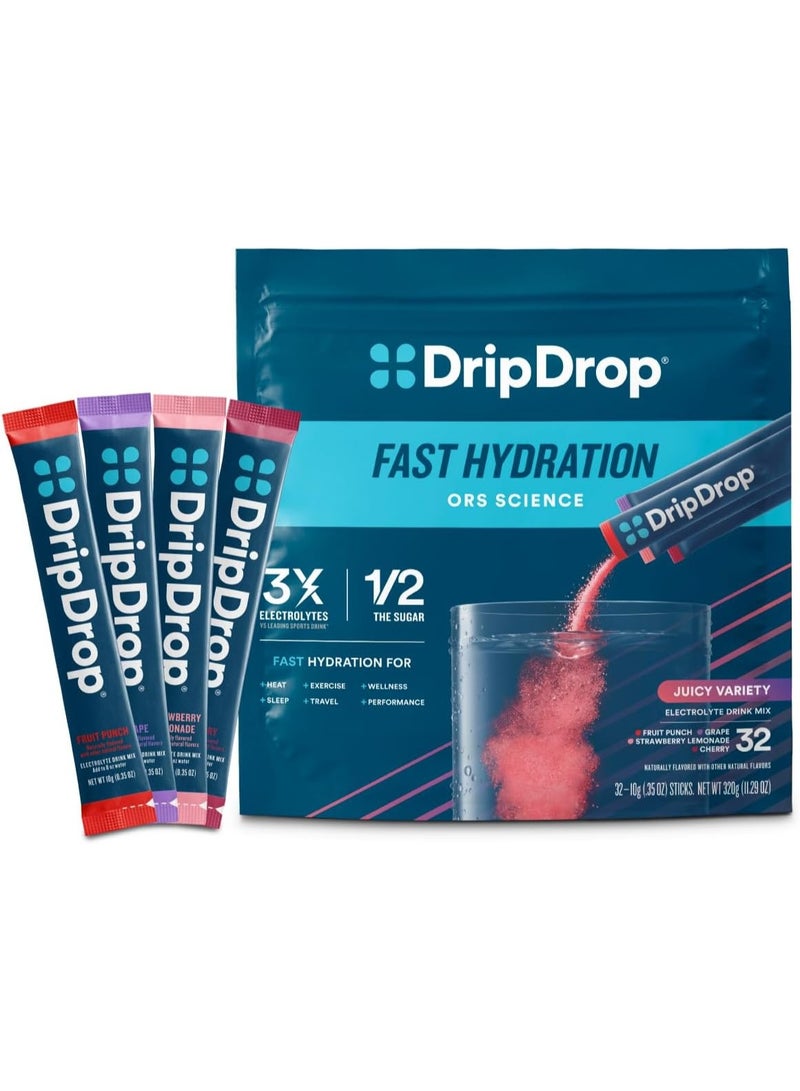 DripDrop Hydration Packets Electrolytes Powder Drink Grape, Fruit Punch, Strawberry Lemonade, Cherry 32 sticks - Image 1