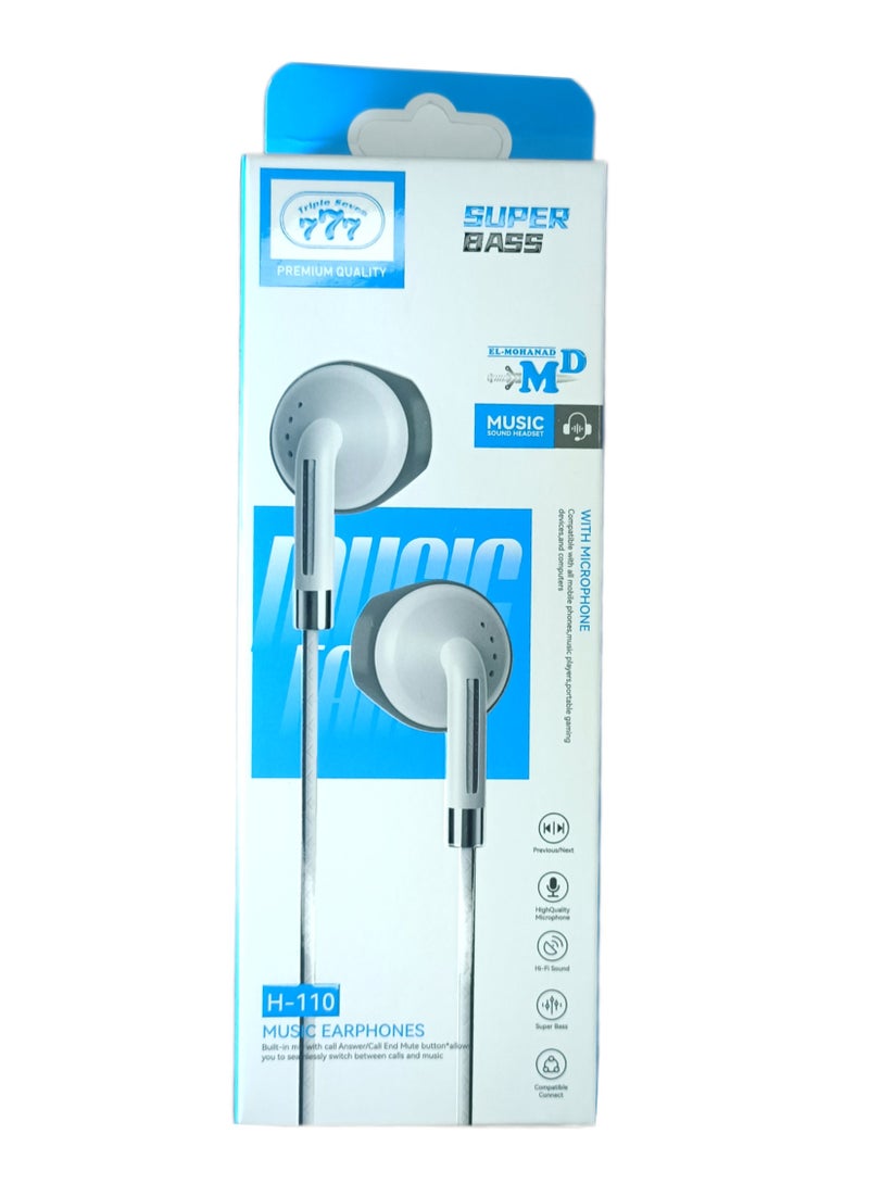 777 H110 Wired Earphones with Microphone for Calls - White - Image 2