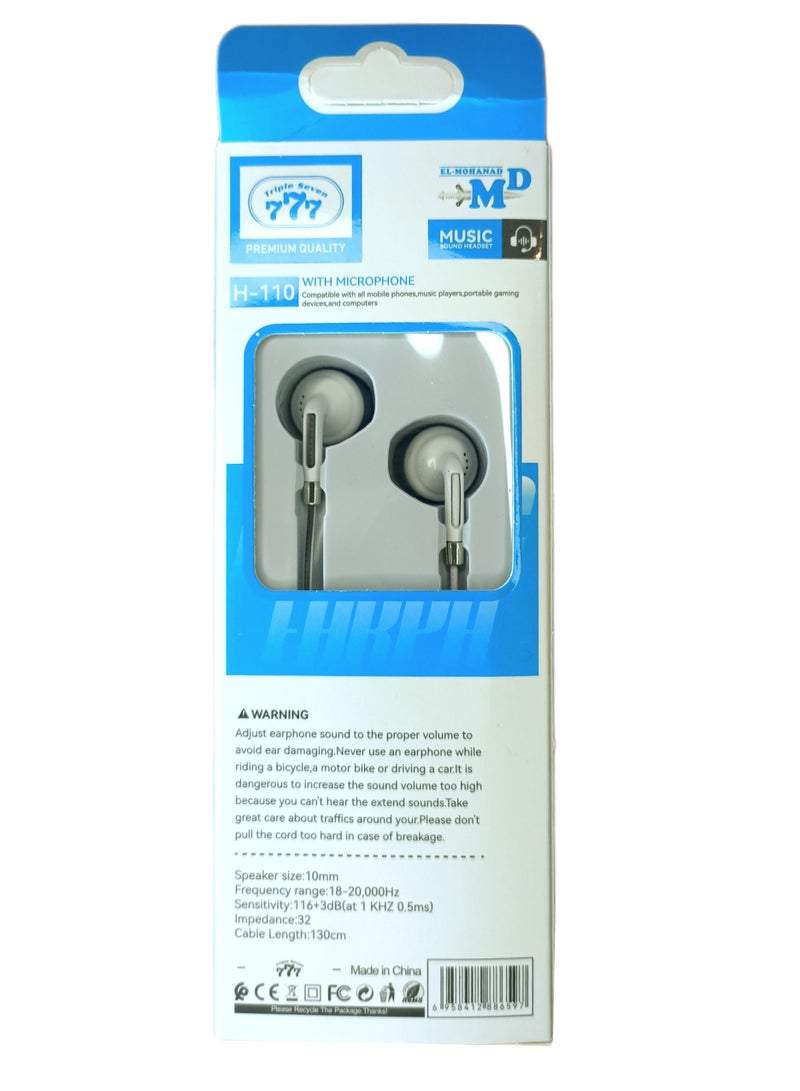 777 H110 Wired Earphones with Microphone for Calls - White - Image 1