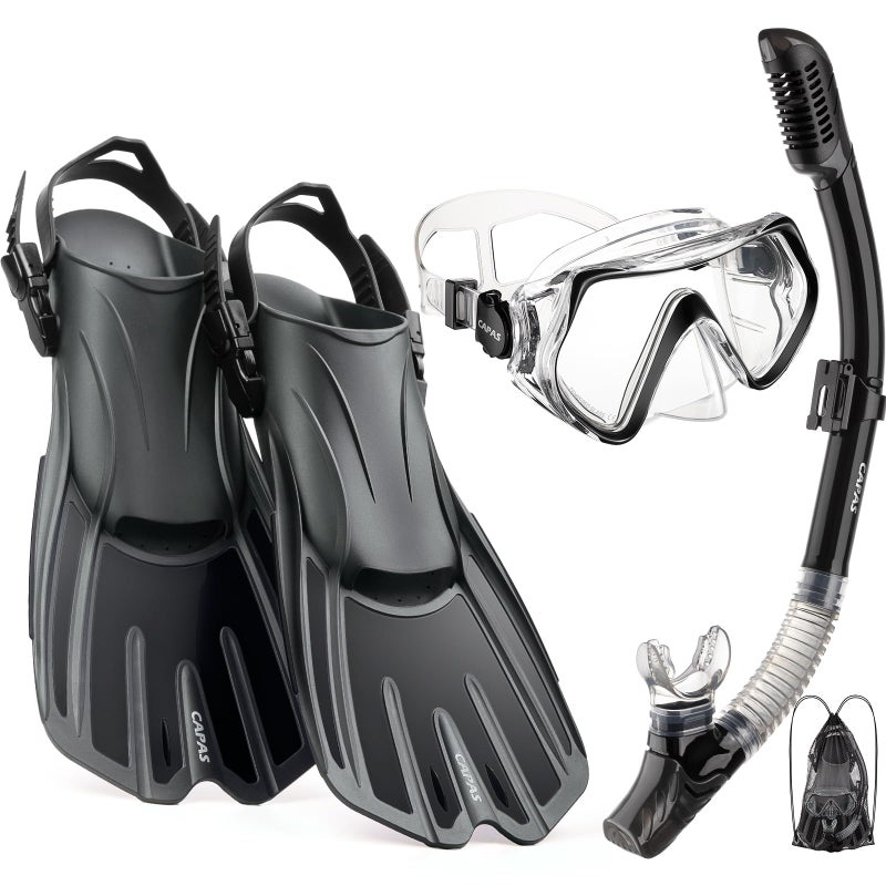CAPAS Snorkel Mask Fins Set, Travel Size Snorkeling Gear for Adults with Adjustable Fins, Diving Mask and Dry Top Snorkel, Come with a Carrying Bag - Image 1