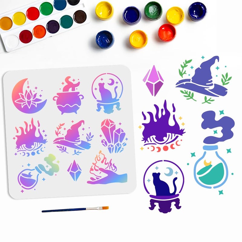 MAYJOYDIY MAYJOYDIY 9 Styles Magic Theme Stencils 118118inch Reusable Magic Witch Divination Stencil with Paint Brush Devils Eye Witch Hat Moon Crystal Bottles Drawing Stencil for Crafts Wood Wall Fabric  - Image 1