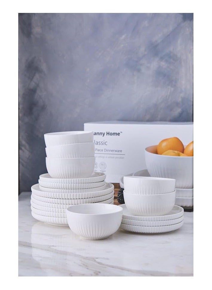 Danny Home luxury 18 pieces Classic White Dinnerware Set, Ribbed Texture, Plates and Bowls, Microwave and Dishwasher Safe for 6 servings - Image 1