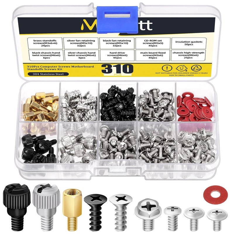 Mardatt 310Pcs Computer Screws Motherboard Standoffs Screws Kit, PC Computer Kit Laptop Screw for Universal Motherboard, HDD, SSD, Hard Drive, Case, Fan, CD-ROM - Image 1