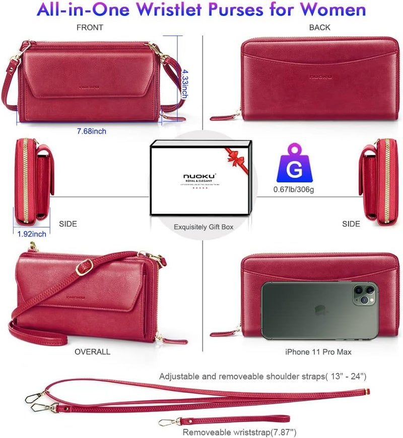 Nuoku Womens RFID Wallet Purse Wristlet Crossbody Clutch with Zip Around 2 Strap - Image 4