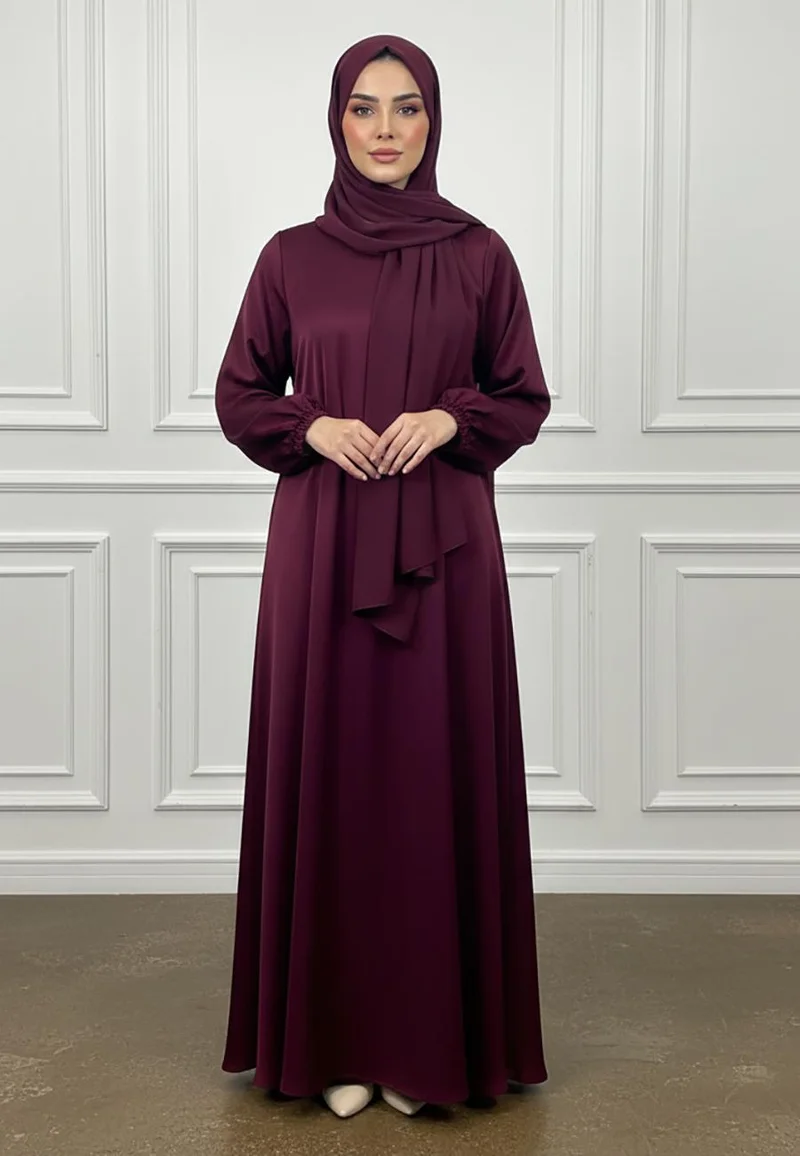 نخبة Deep Plum Silk-Finish Abaya-888