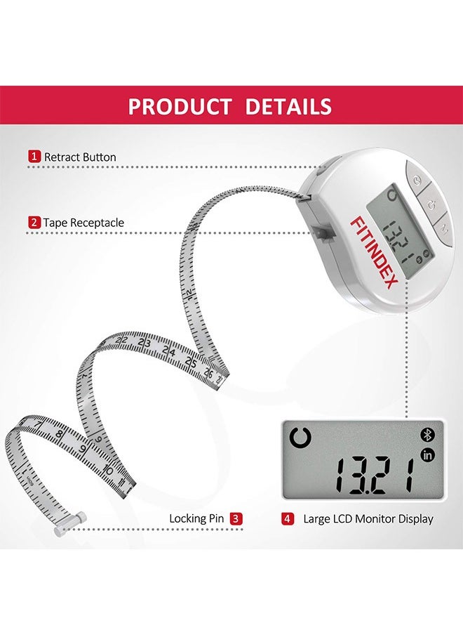 FITINDEX Smart Body Tape Measure, FITINDEX Bluetooth Digital Measuring Tape for Body, Soft Sewing Tape, with LED Monitor Display, Lock Pin, Retractable Button, Fitness Body Measurement via App  - Image 3