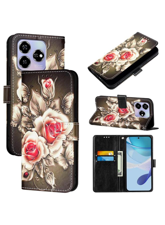 زبون جراب هاتف من الجلد المنسوج البسيط بنمط رسم ملون لهاتف ZTE Blade V60 / Axon 60 4G (ورود على أسود)