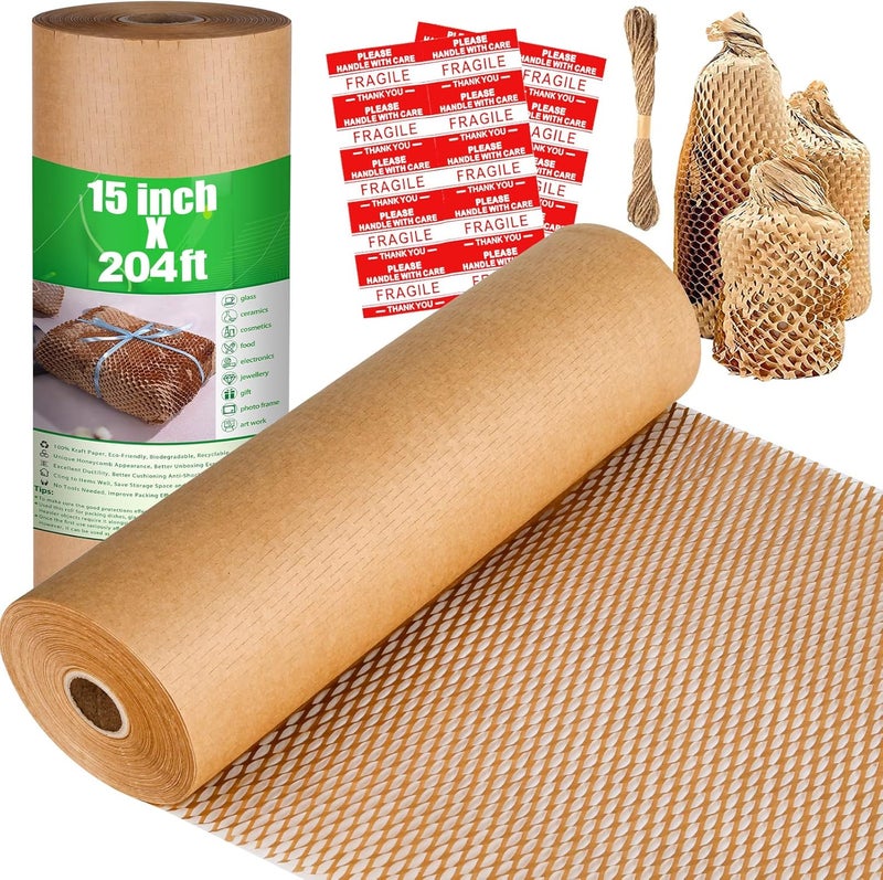 كونسيفيسين ورق تغليف على شكل خلية نحل، مقاس 15 بوصة × 204 قدم، قابل لإعادة التدوير، يُستخدم لتغليف الأغراض الهشة أثناء النقل والشحن، بديل صديق للبيئة للفوم الهوائي. - Image 1