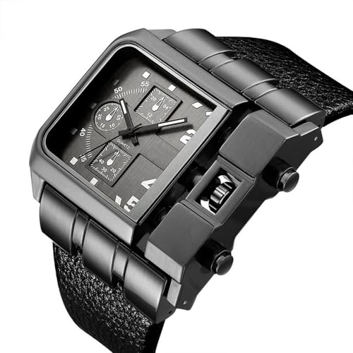 Reginald Hip hop Watches for Men 53MM Large Face Novel Face Dial Stainless Steel Quartz Leather Strap Big Face Watches for Men (Black) - Image 2
