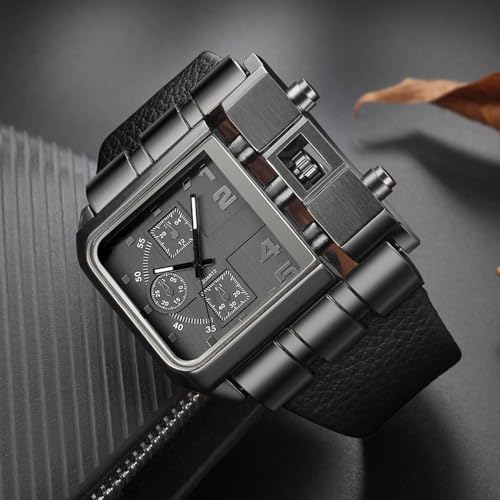 Reginald Hip hop Watches for Men 53MM Large Face Novel Face Dial Stainless Steel Quartz Leather Strap Big Face Watches for Men (Black) - Image 3
