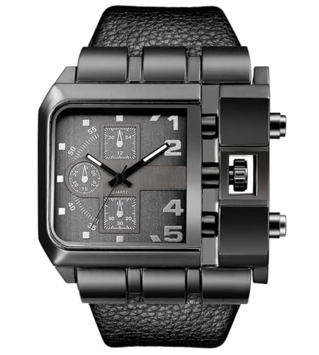Reginald Hip hop Watches for Men 53MM Large Face Novel Face Dial Stainless Steel Quartz Leather Strap Big Face Watches for Men (Black) - Image 1