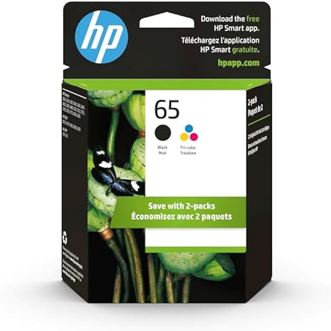 ORIGINAL 65 BLACK/TRI-COLOR INK CARTRIDGES (2-PACK) | WORKS WITH AMP 100 SERIES, DESKJET 2600, 3700 SERIES, ENVY 5000 SERIES | ELIGIBLE FOR INSTANT INK | T0A36AN - Image 1