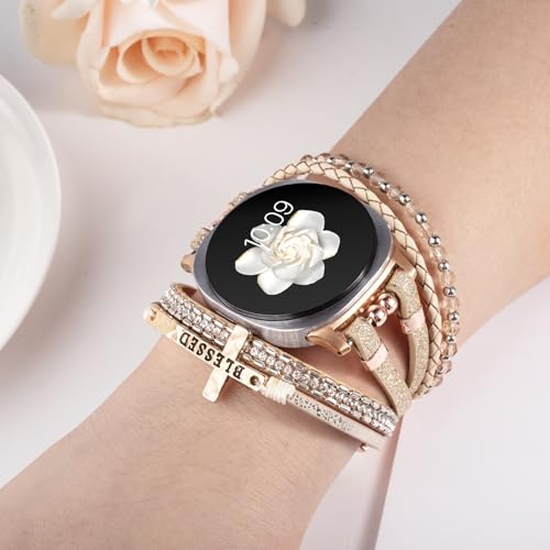 Fancywrist Boho Leather Bracelet for Samsung Galaxy Watch 8/7/6/5/4 Band 40 44mm Women, 20mm Cute Beaded Multilayer Strap for Galaxy Watch 8 Classic 6 4 Classic 43mm 47mm 42mm 46mm/Watch 5 Pro 45mm /Active2 - Image 3